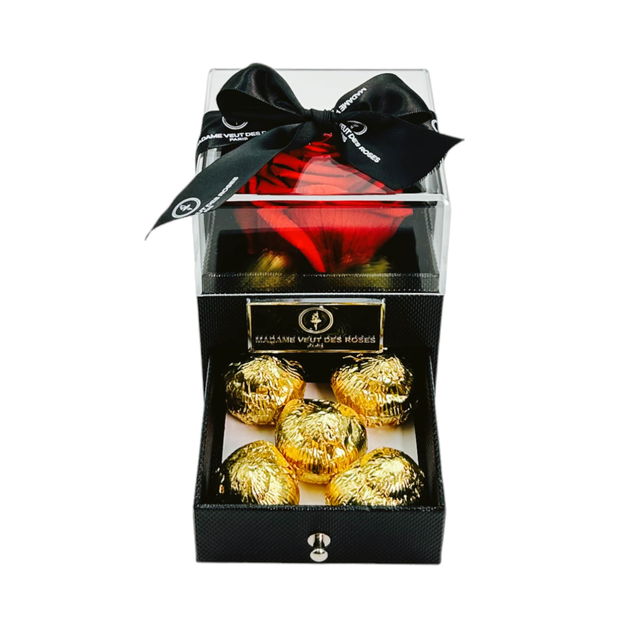 Boîte carrée rose éternelle avec chocolats Ø10cm