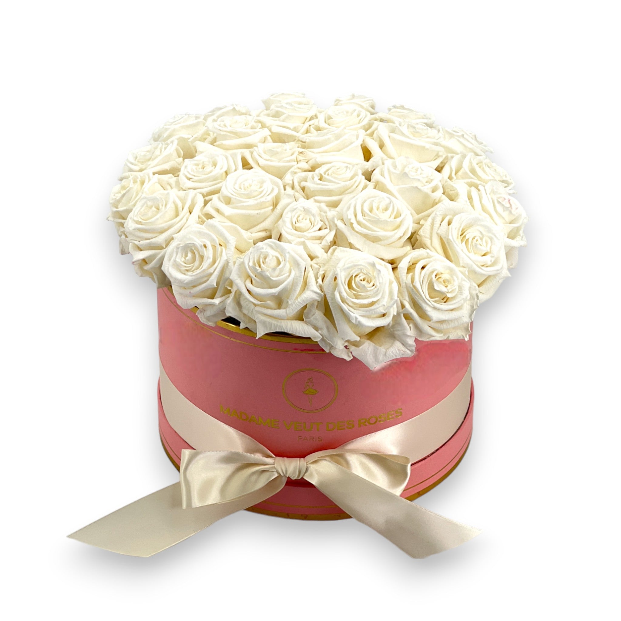 Boîte ronde de 26 roses éternelles dôme 3D Ø26cm