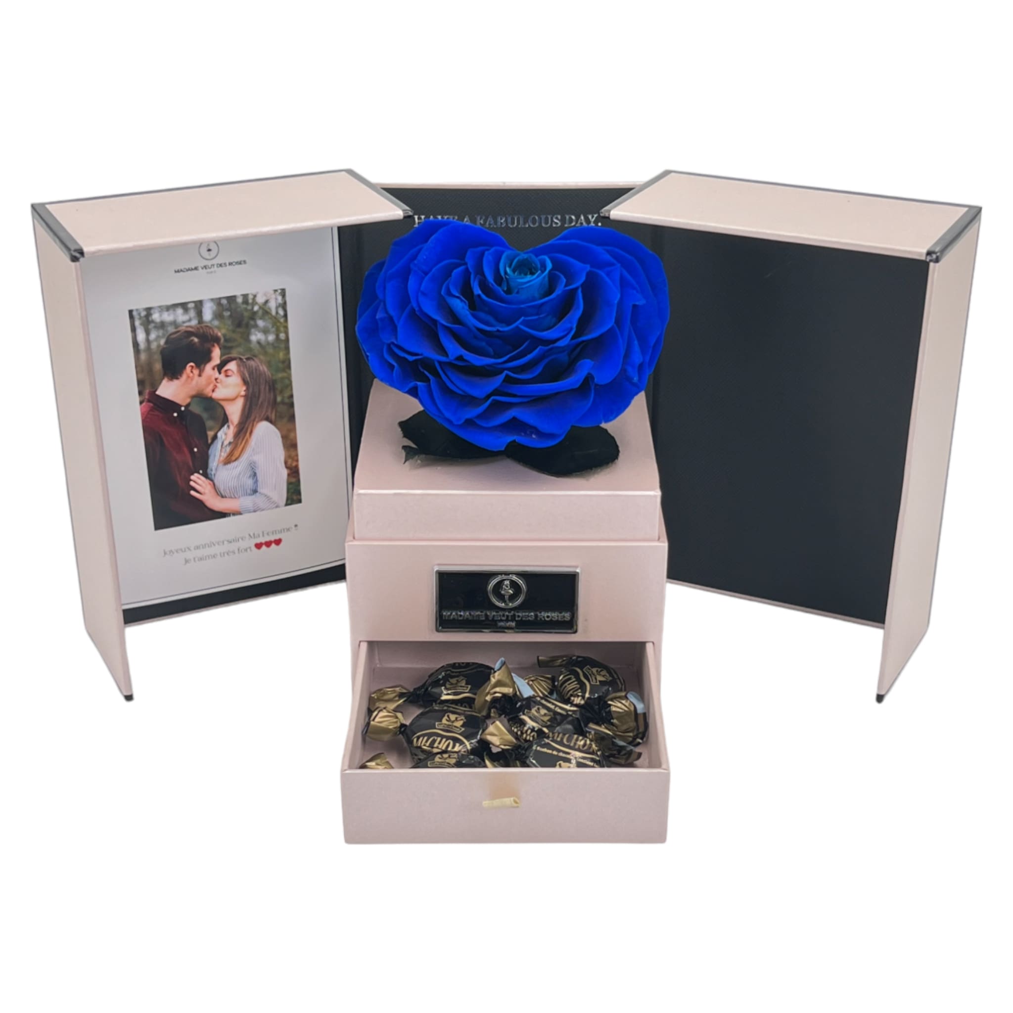 Boîte carrée rose éternelle coeur jumbo avec chocolats Ø17cm