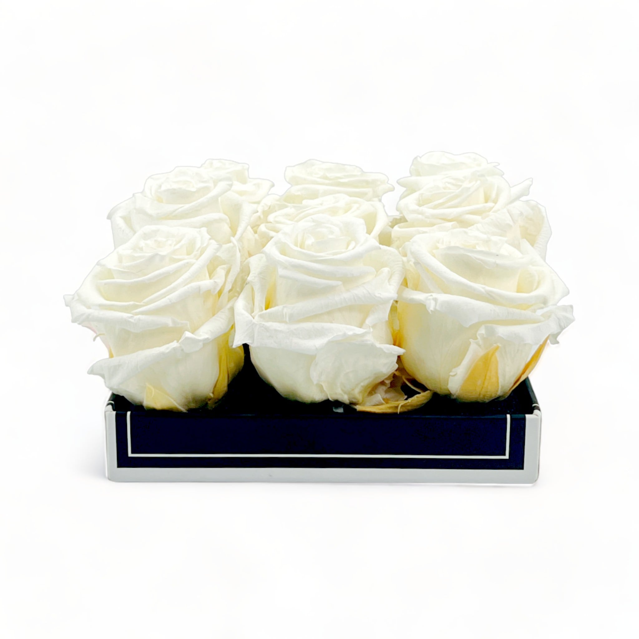 Centre de table mariage bouquet carré de 9 roses éternelles Ø14cm