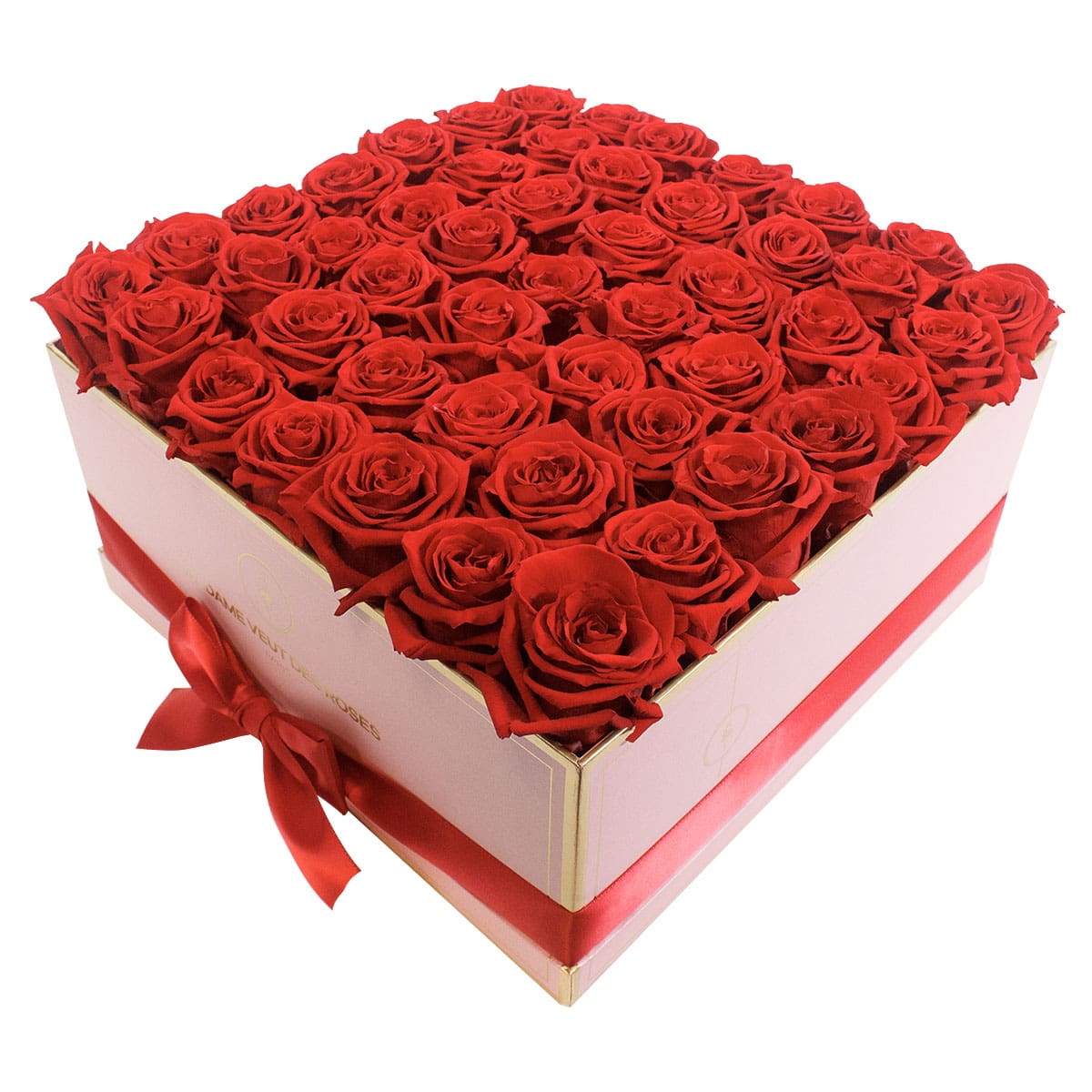 Boîte carré de 49 roses éternelles à personnaliser Ø32cm