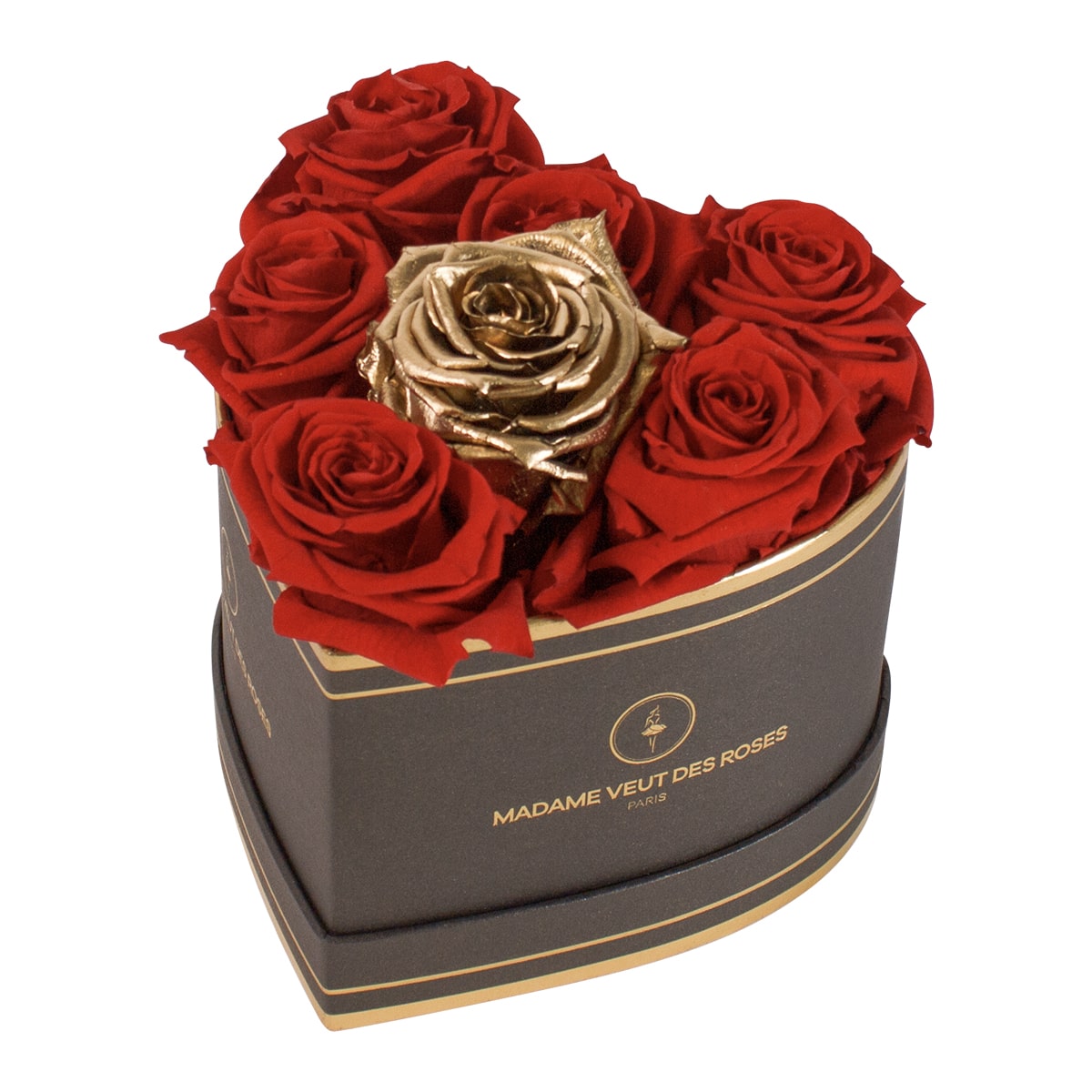 Boîte personnalisée de 7 roses éternelles forme de coeur Ø15cm