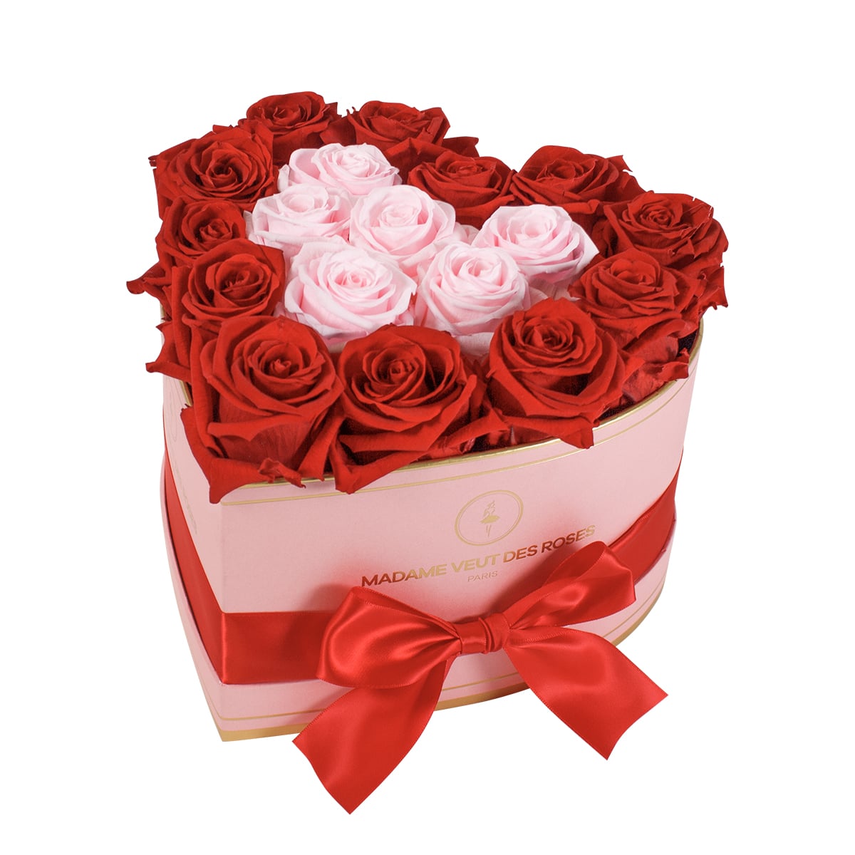 Boîte personnalisée de 18 roses éternelles en forme de coeur Ø23cm