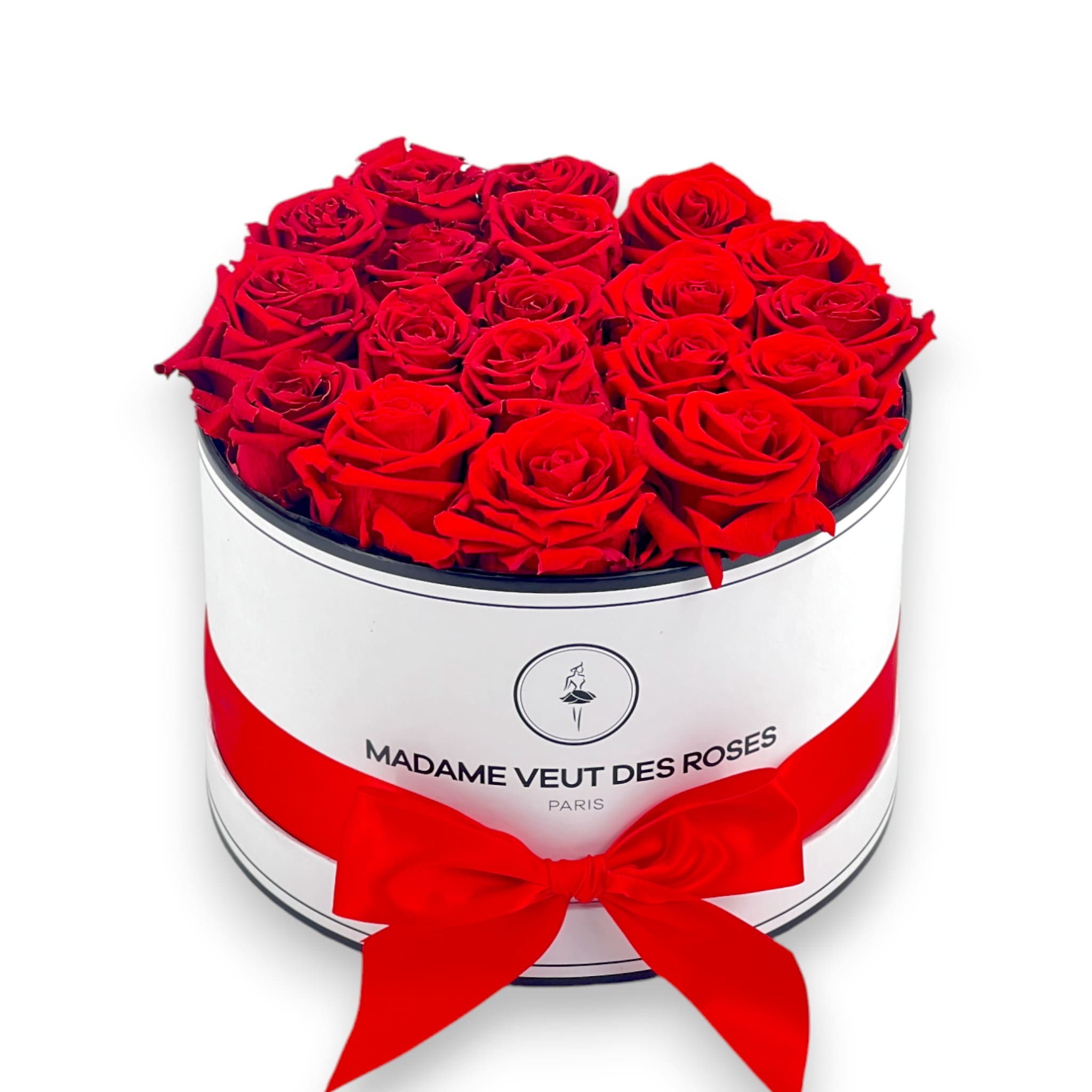 Boîte ronde de 19 roses éternelles à personnaliser Ø23cm