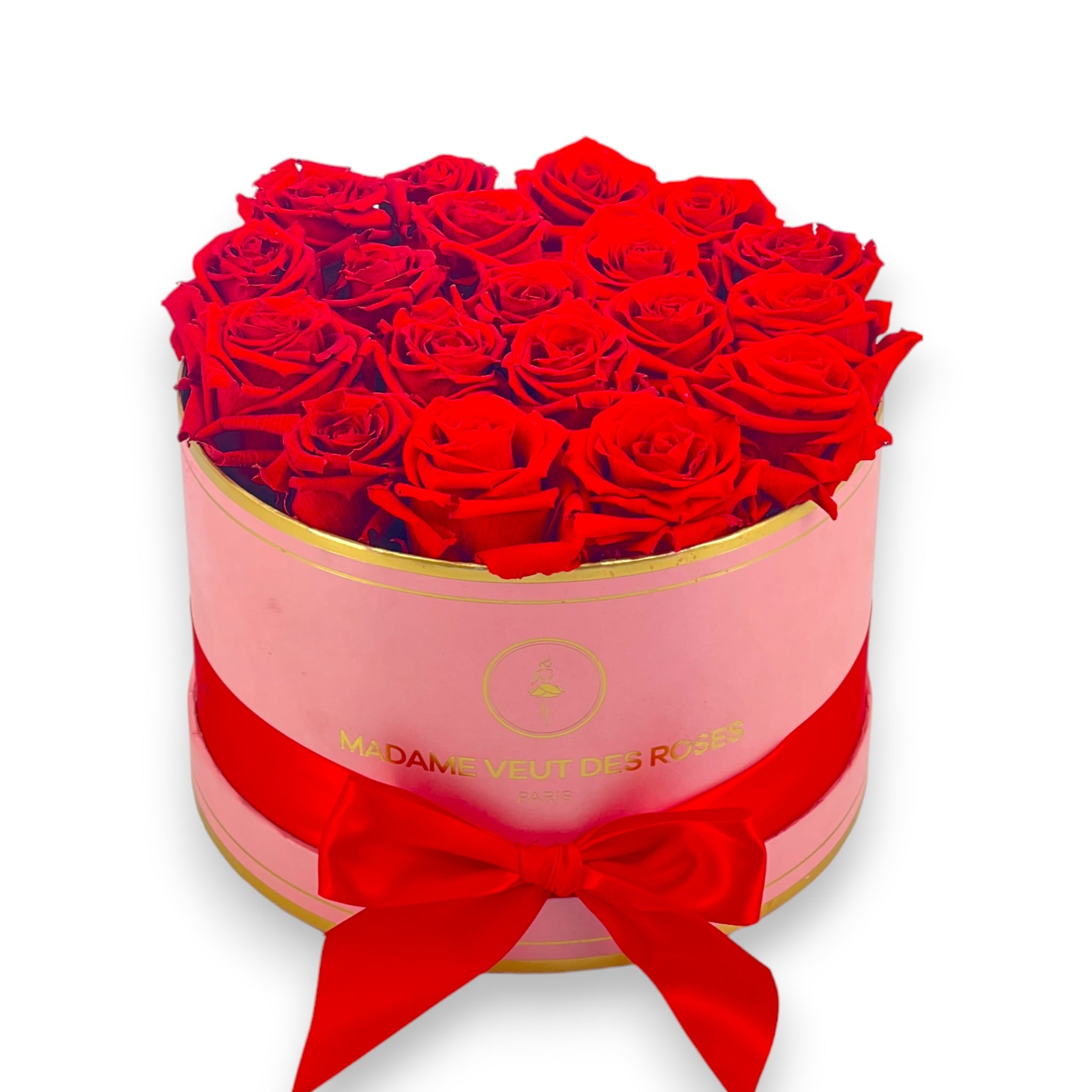 Boîte ronde de 19 roses éternelles à personnaliser Ø23cm