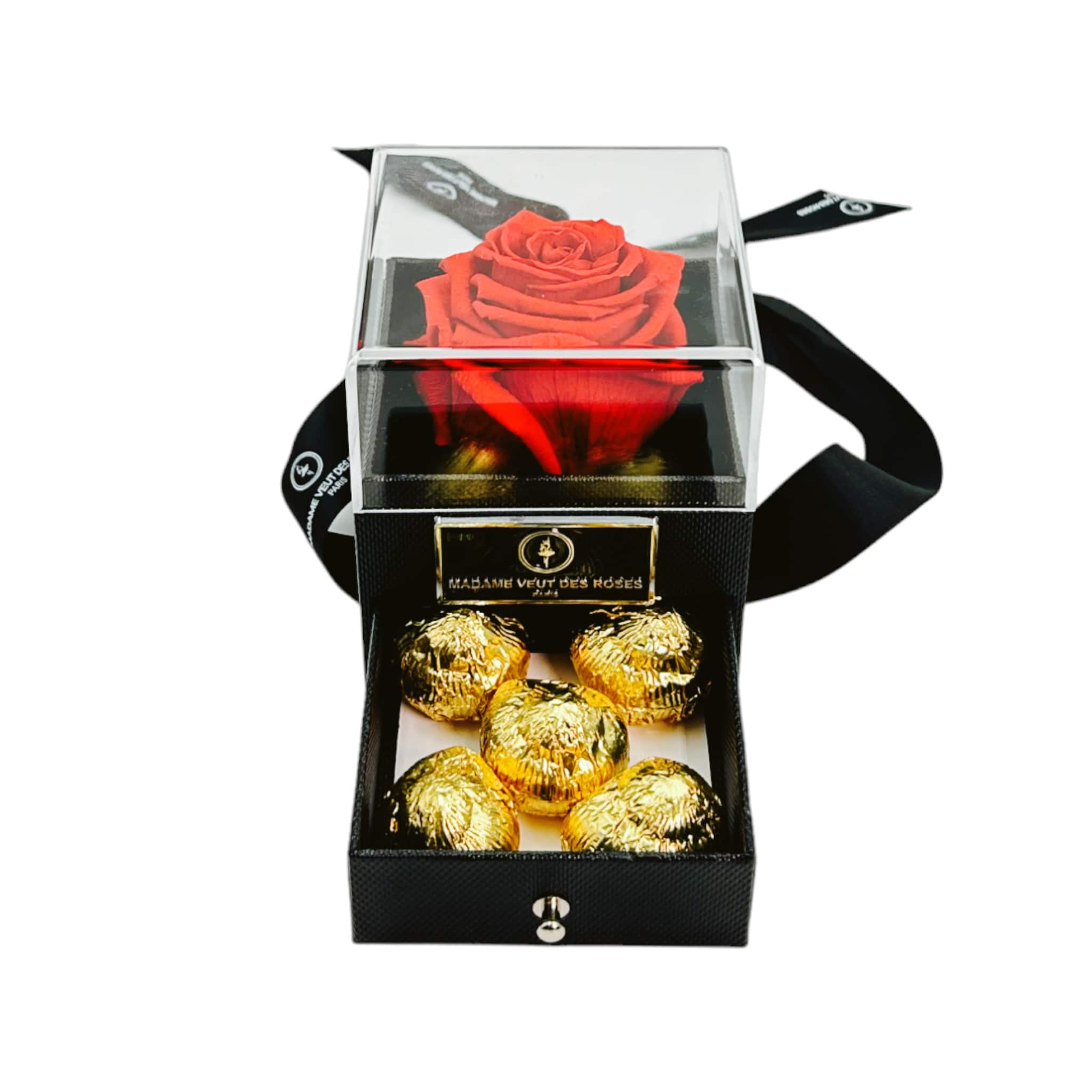 Boîte carrée rose éternelle avec chocolats Ø10cm