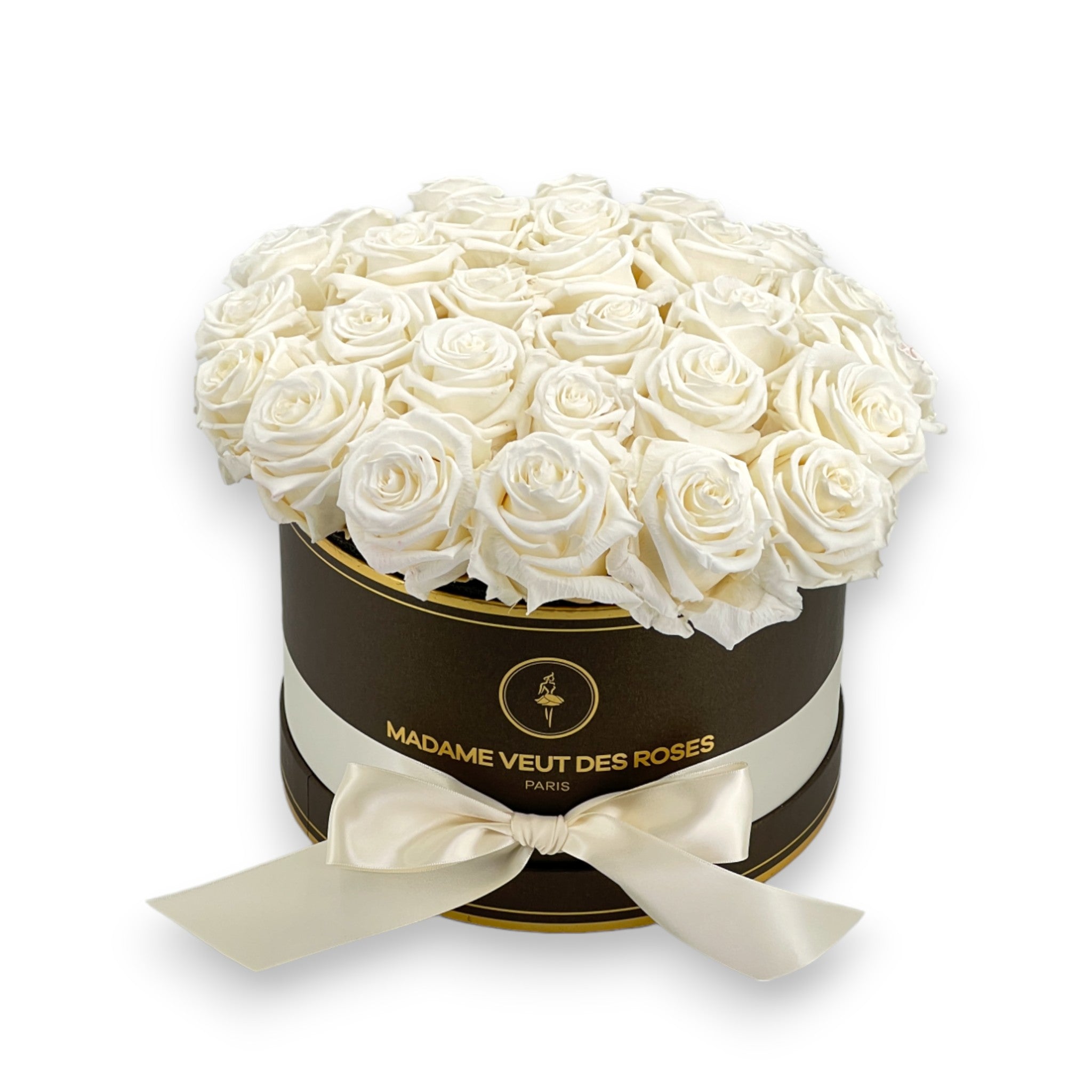 Boîte ronde de 26 roses éternelles dôme 3D Ø26cm
