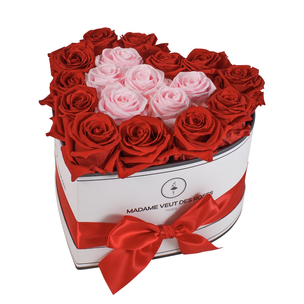 Boîte personnalisée de 18 roses éternelles en forme de coeur Ø23cm