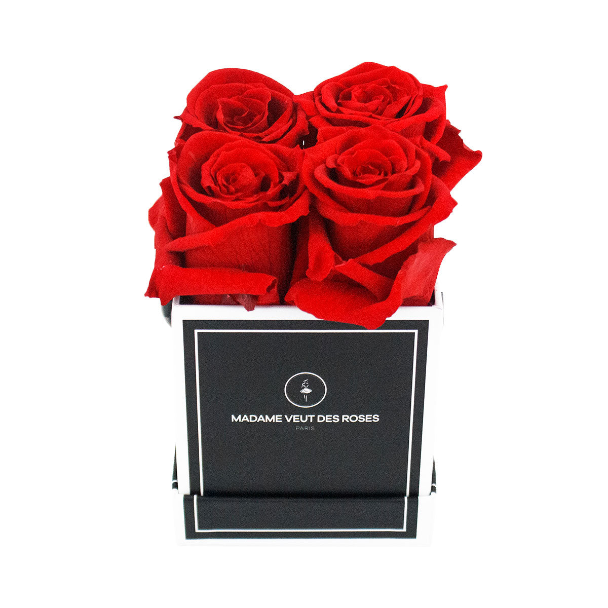 Boîte carrée personnalisée de 4 roses éternelles Ø10cm