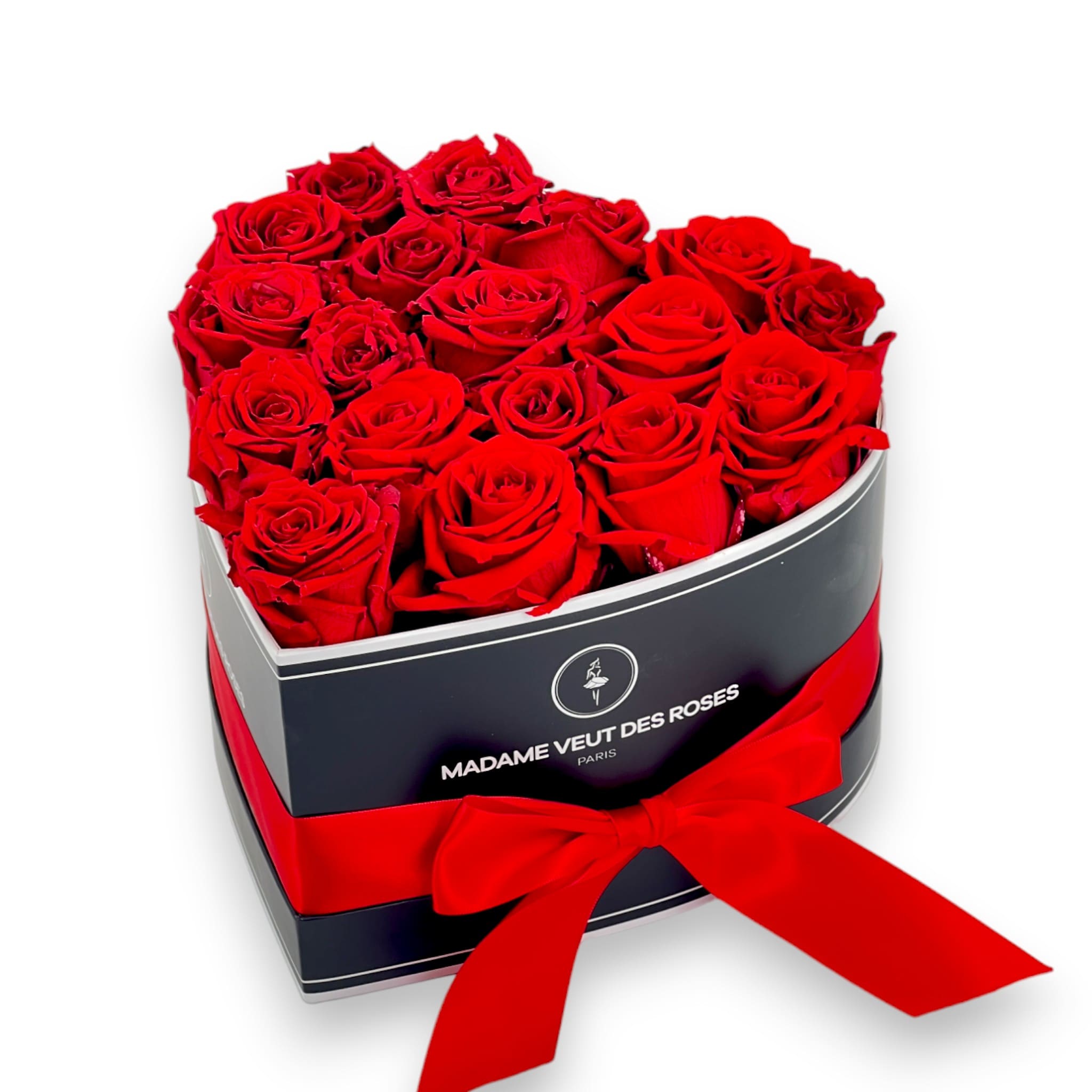 Boîte personnalisée de 18 roses éternelles en forme de coeur Ø23cm