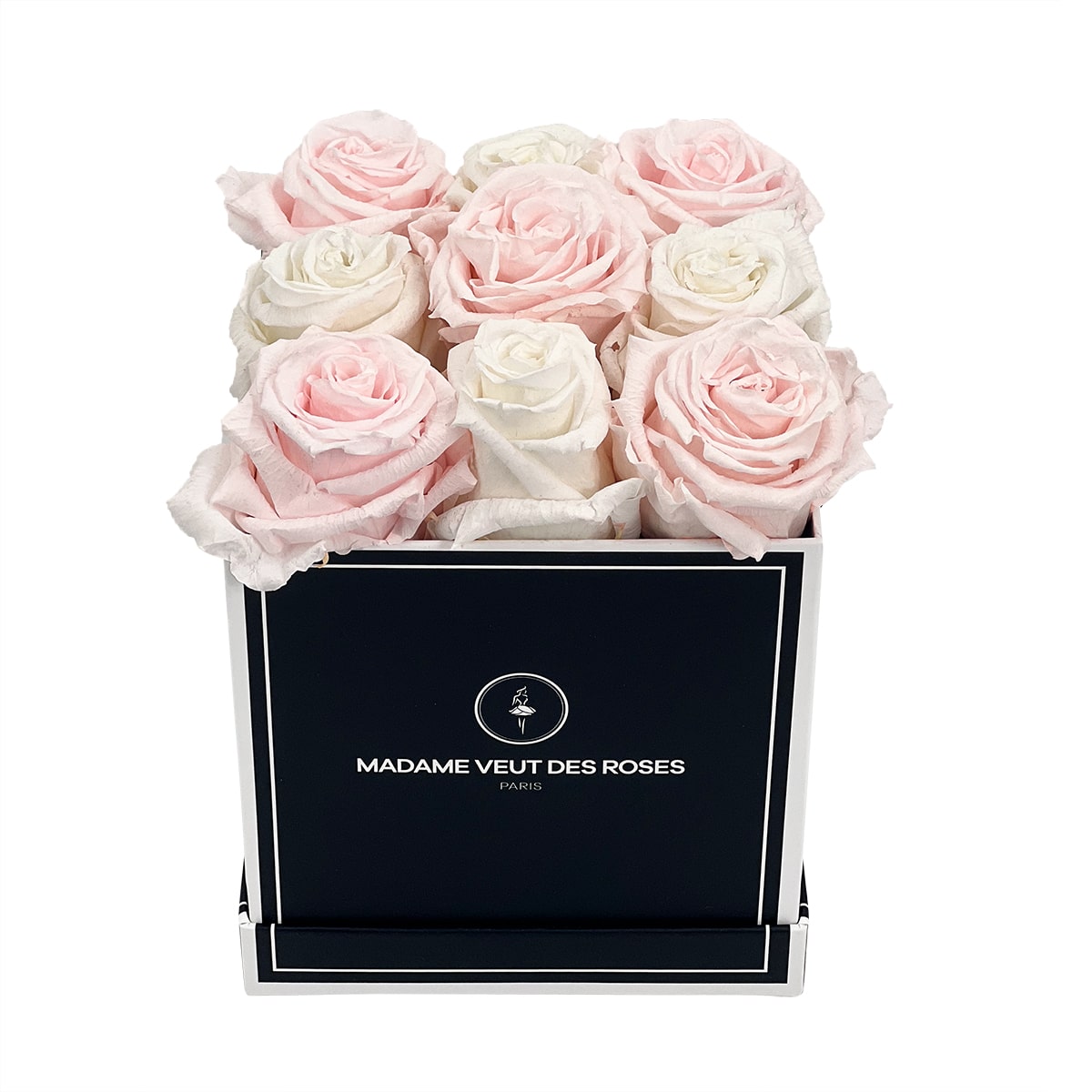 Mini boîte carré de 9 roses éternelles personnalisé en damier blanc Ø1