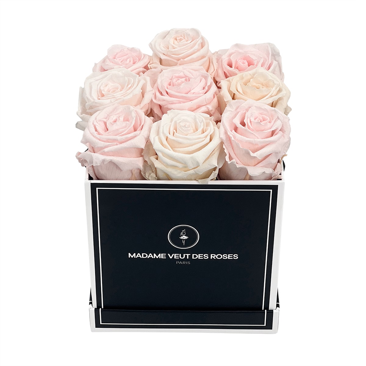 Mini boîte carré de 9 roses éternelles à personnaliser en damier rose
