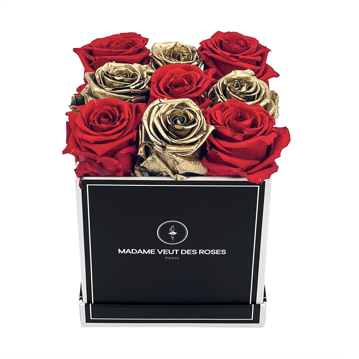 Arrangement Roses Rouges En Longueur Mini boîte carré de 9 roses éternelles personnalisé en damier rouge Ø1