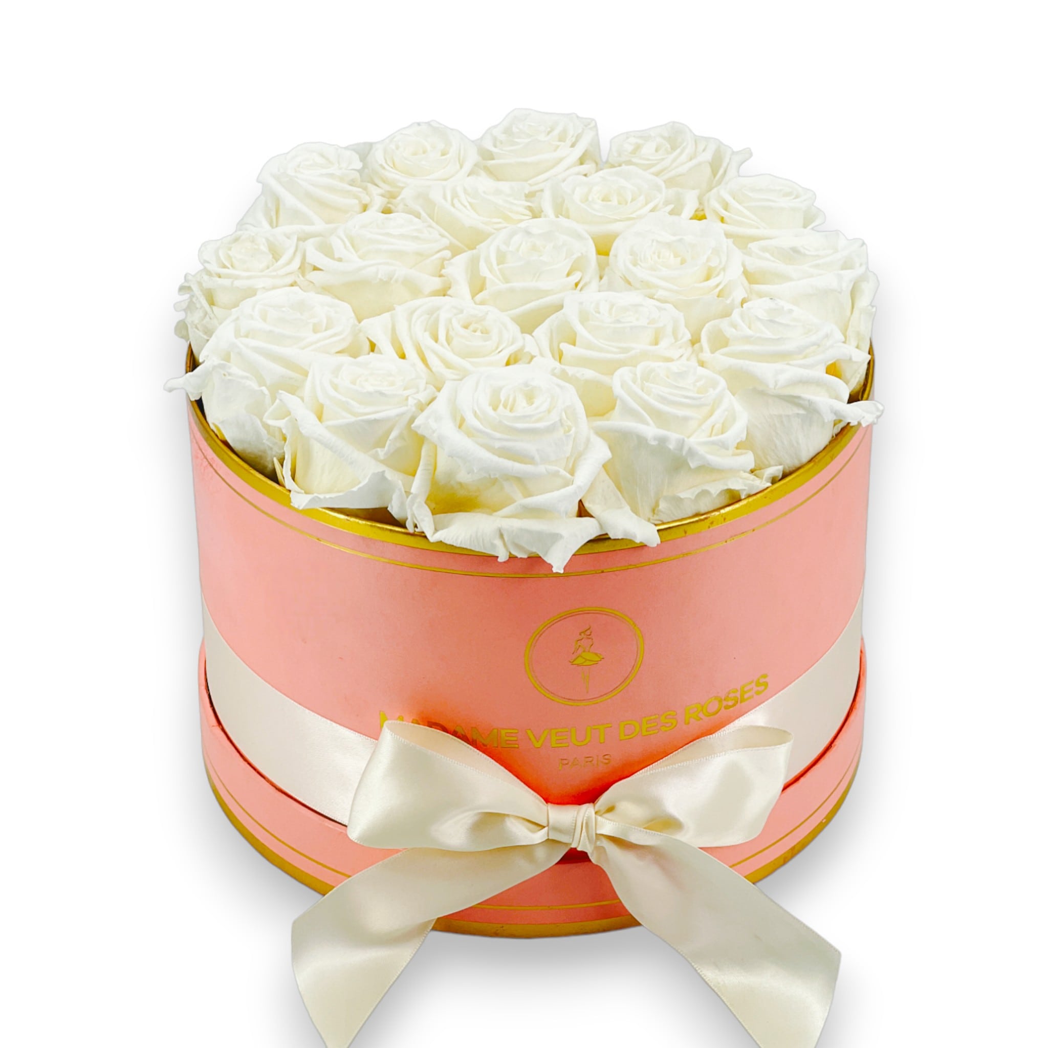 Boîte ronde de 19 roses éternelles à personnaliser Ø23cm