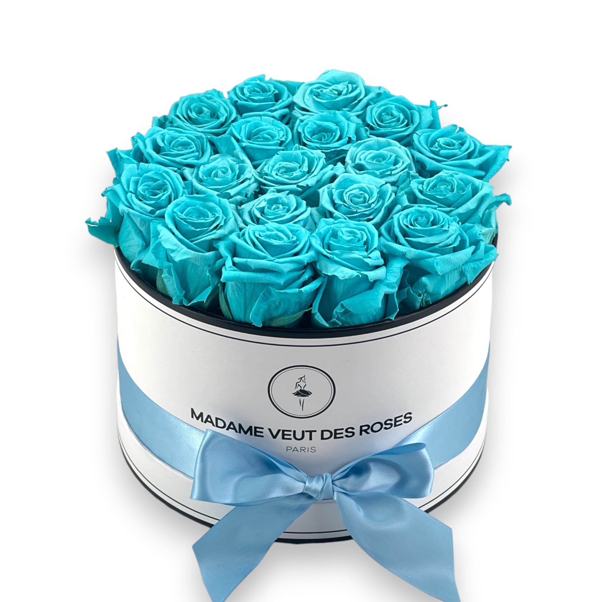 Boîte ronde de 19 roses éternelles à personnaliser Ø23cm
