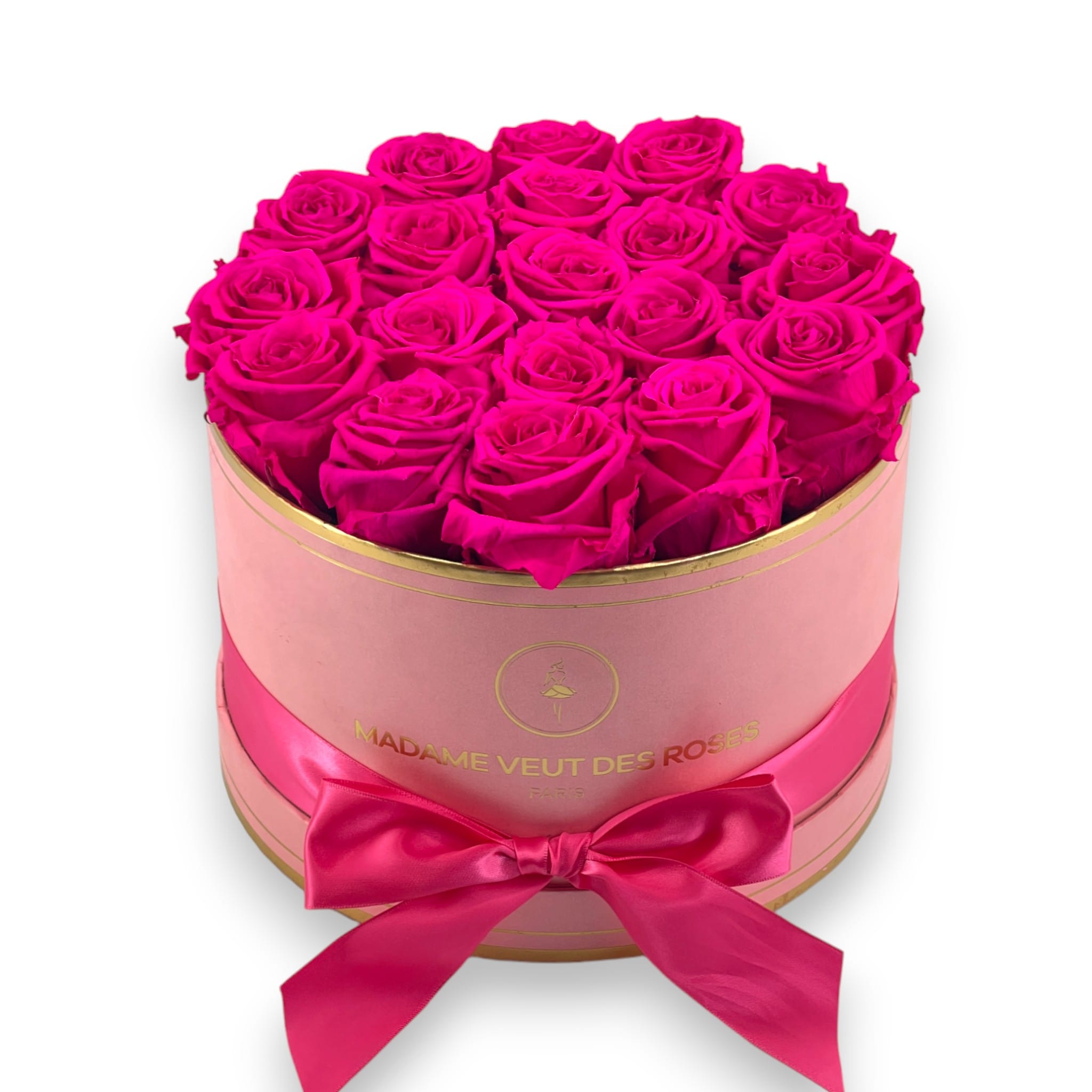 Boîte ronde de 19 roses éternelles à personnaliser Ø23cm