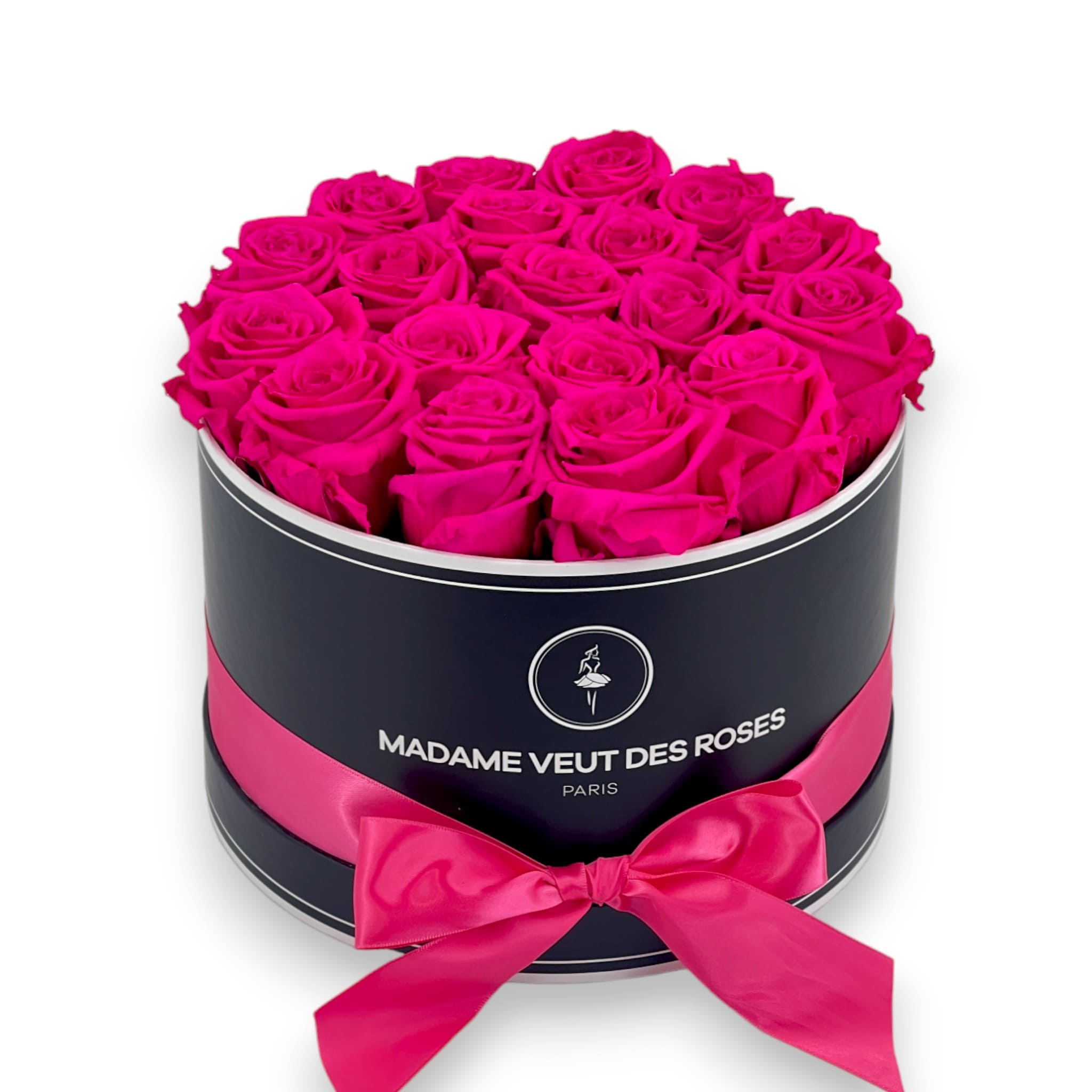 Boîte ronde de 19 roses éternelles à personnaliser Ø23cm