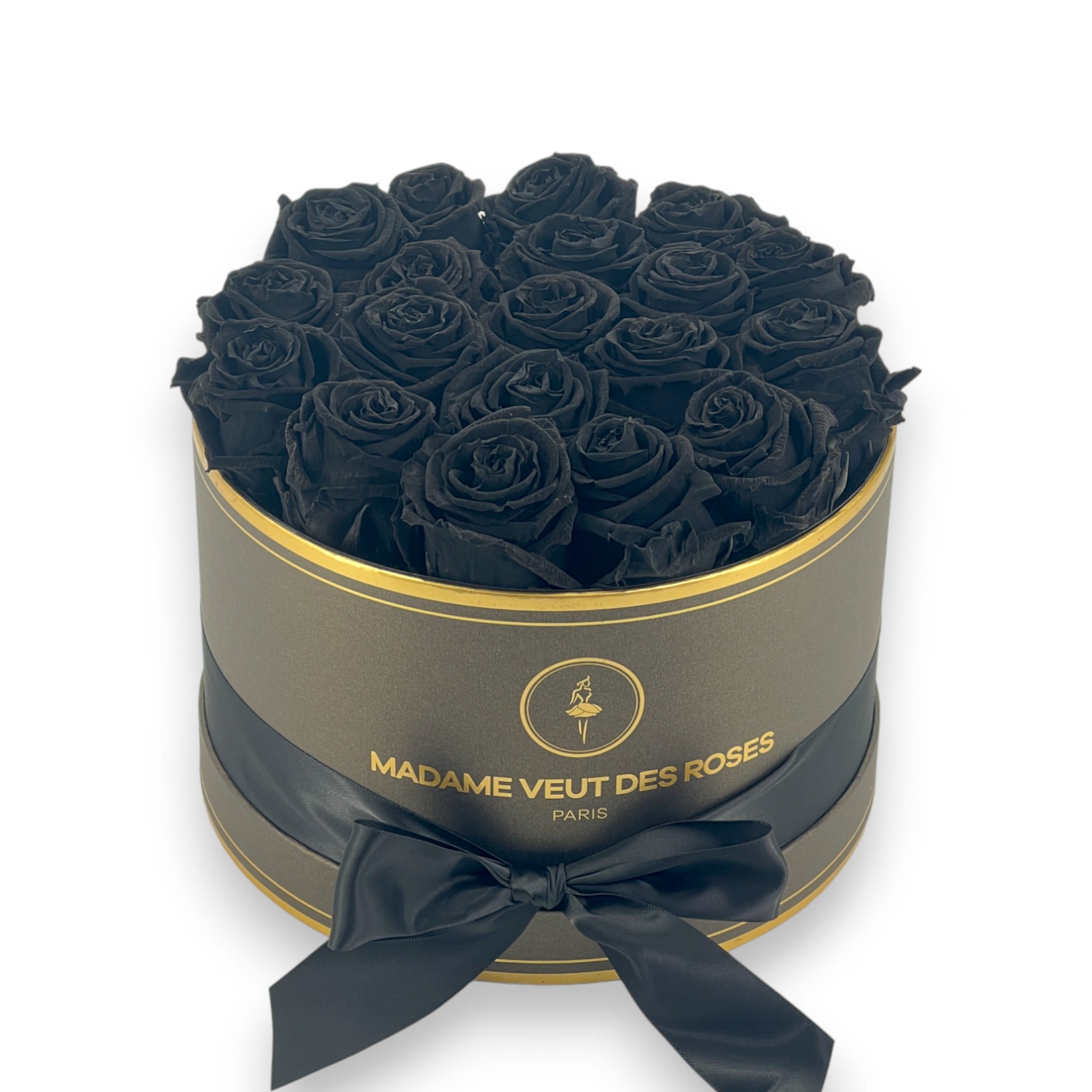 Boîte ronde de 19 roses éternelles à personnaliser Ø23cm