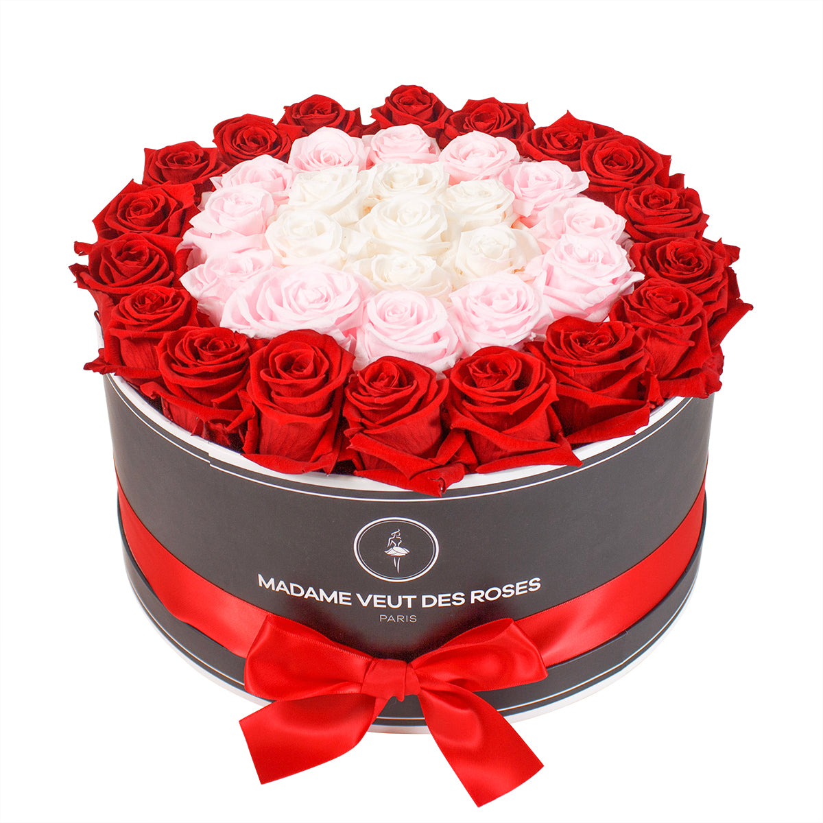 Boîte ronde de 37 roses éternelles à personnaliser Ø32cm