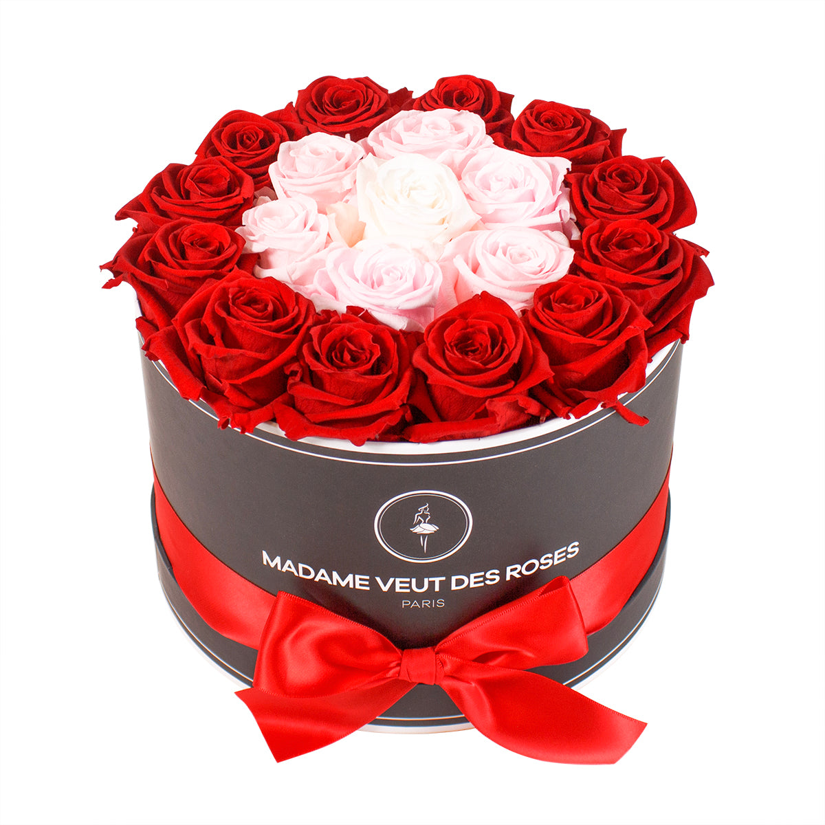 Boîte ronde de 19 roses éternelles à personnaliser Ø23cm